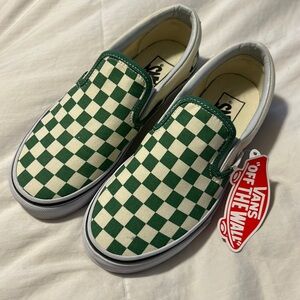 Green and off white slip on Vans